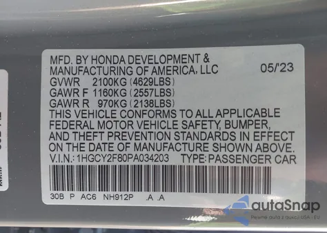 2023 Honda Accord Hybrid Touring z USA, uszkodzony, nr VIN 1HGCY2F80PA034203